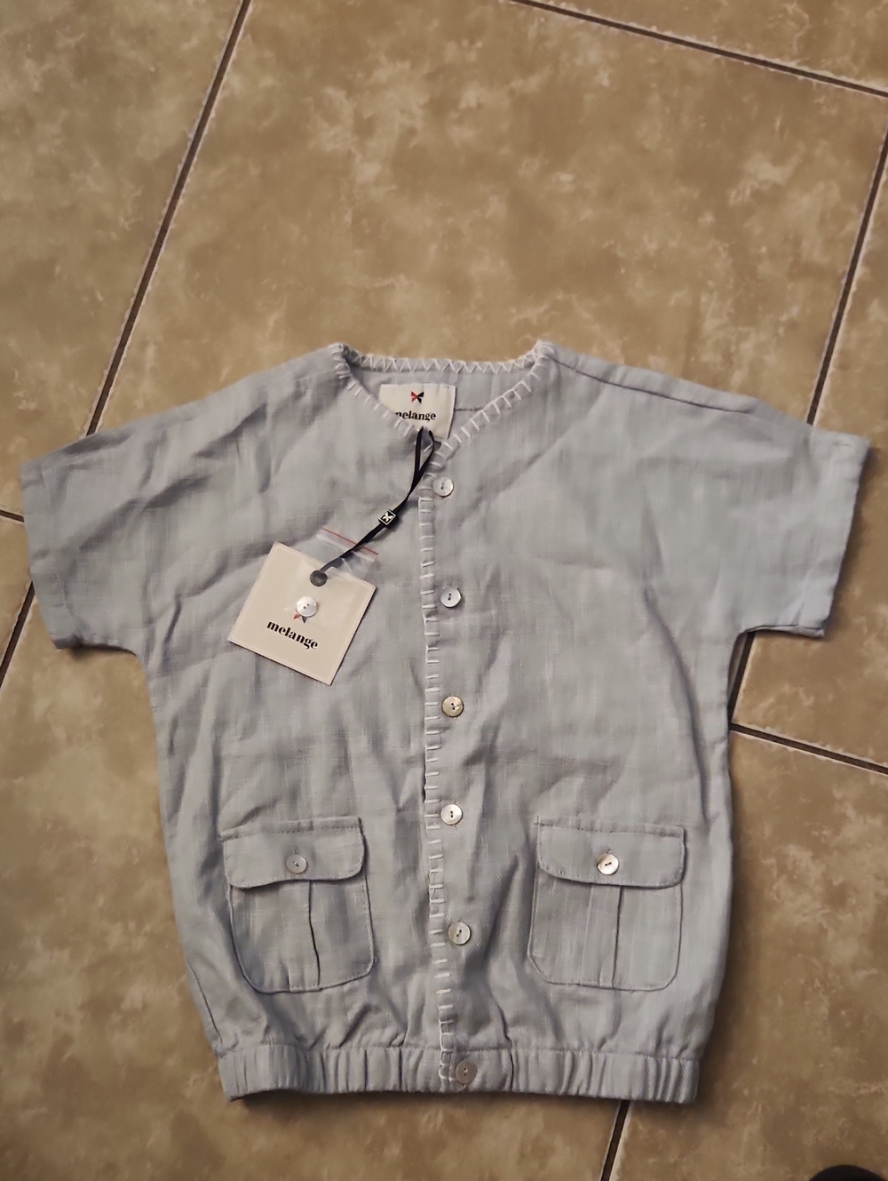 Melange Pale Blue Button-Front Short Sleeve Top